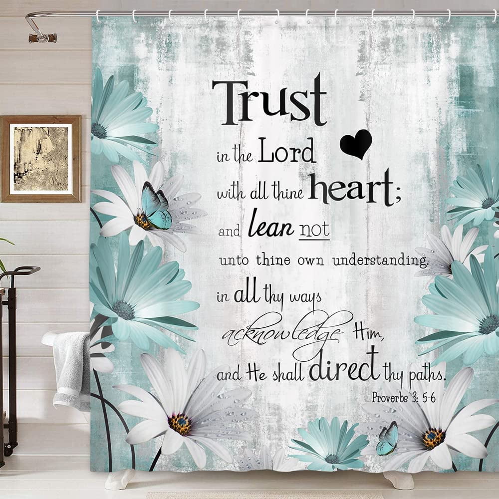 Rustic Farmhouse Teal Shower Curtain Bible Verse Inspirational Shower