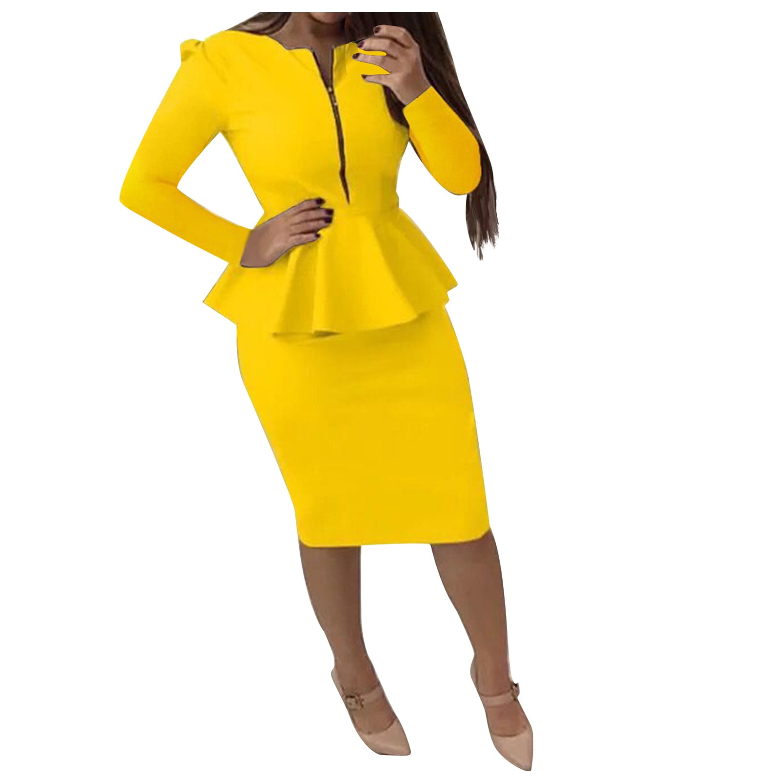 Women's Fashion Peplum Slim Fitted Long Sleeve Work Dresses Zip up Club