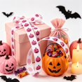 thumbnail image 2 of Pink Pumpkin Face Halloween Ribbon, White Base Plastic Ribbon for Gift Wrapping, Halloween Party Gift Wrap DIY Decor, Suitable for Goodie Bag, Scrapbooking, Card Making, 2 of 5