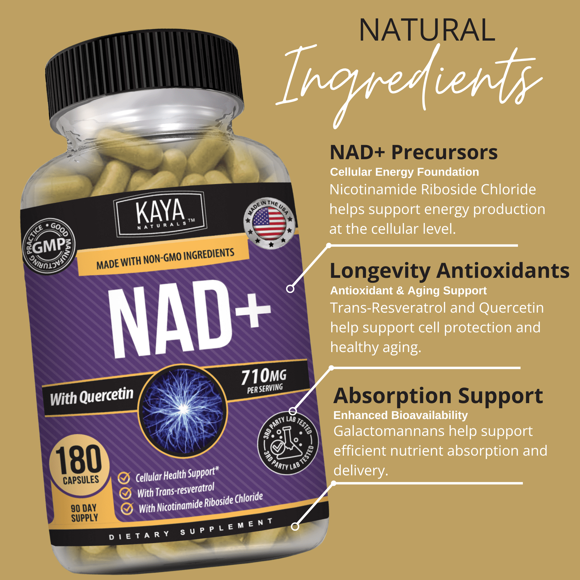 Kaya Naturals NAD+ Supplement with Trans-Resveratrol & Quercetin, Cellular Energy Support, Daily Wellness & Vitality, 180 Capsules