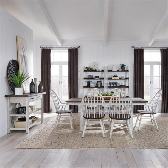 Bowery Hill Farmhouse Wood White and Brown 7 Piece Trestle Table Set