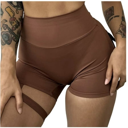 Olyvenn Women Summer High Waist Stretch Booty Shorts Butt Lifting Workout Running Yoga Shorts with Pockets Tummy Control Scrunch Push Up Biker Hot Pants Coffee 4