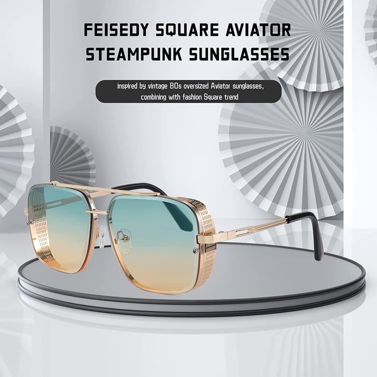 FEISEDY Square Aviator Steampunk Sunglasses Men Vintage  display picture 1