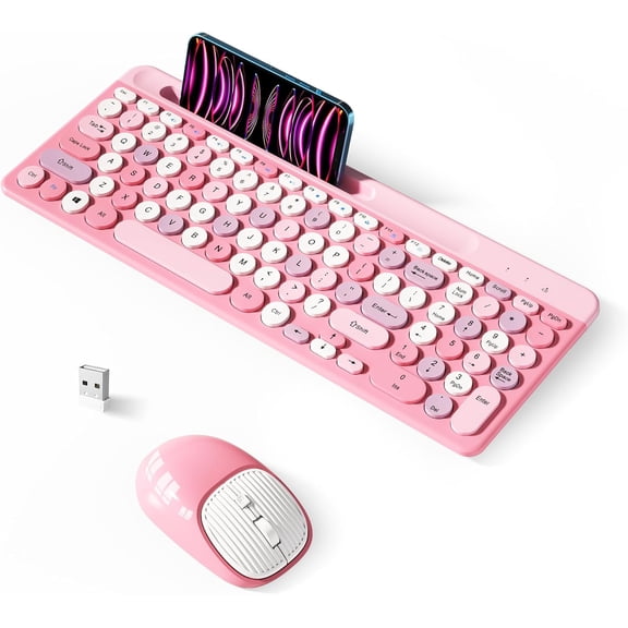 Retro Wireless Keyboard with Round Keycaps, 2.4GHz Full-Size USB Cute Mouse for Computer, Desktop, Laptop and Computer (Pink-Colorful)
