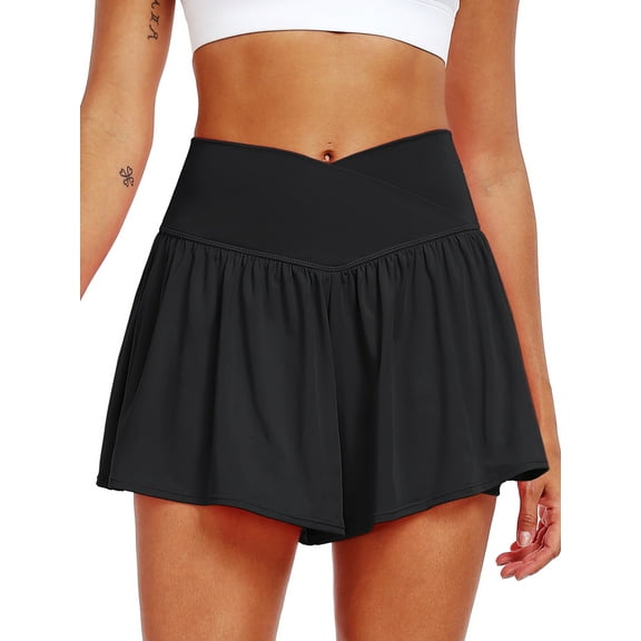 NELEUS Womens Athletic Shorts 2 in 1 Flowy Crossover Running Shorts with Pockets Workout Shorts,Black,US Size L