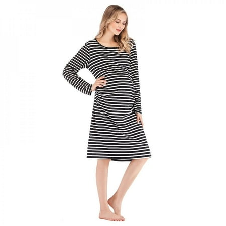 

Fantadool Ladies LActation Long Skirt Ladies Long Bathrobe Large Size Striped Casual Nightdress