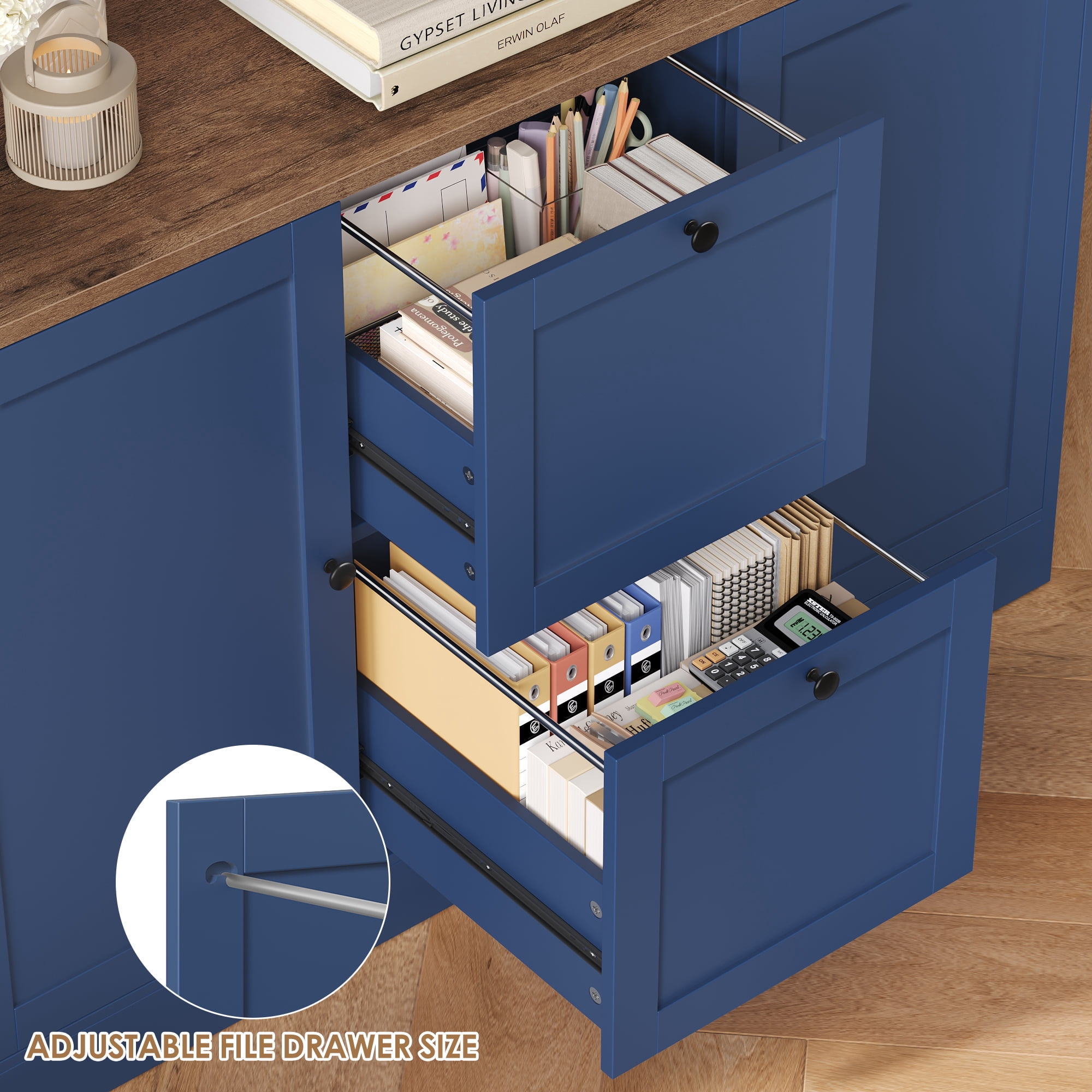 Homfa 71″ 6 Cubes Bookcases with 2 Storage Drawers and Charge Station, 3 Tier Bookshelf with Adjustable File Storage Cabinet for Living Room Home Office, Blue