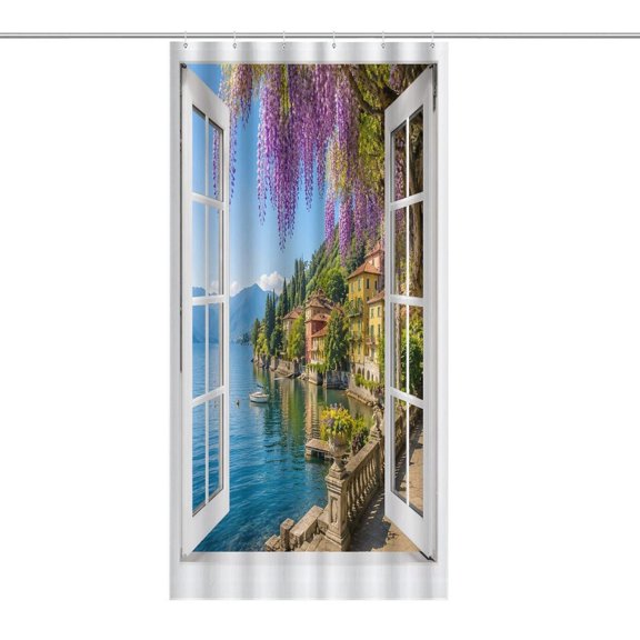 RKSupls Waterproof Shower Curtain, Wisteria Lake Town Window View Polyester Shower Curtain with Hooks for Chic Elegant Home Bathtub Bathroom Decor Washable