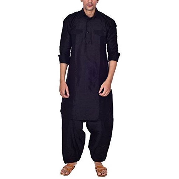 Royal Kurta Men's Silk Blend Festive Pathani Suit (Black, 44)