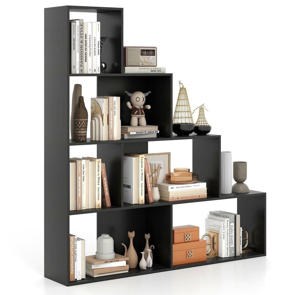 Resenkos 4-Tier Modern Stepped Bookshelf - 6 Storage Cubes, Perfect for Living Room, Black