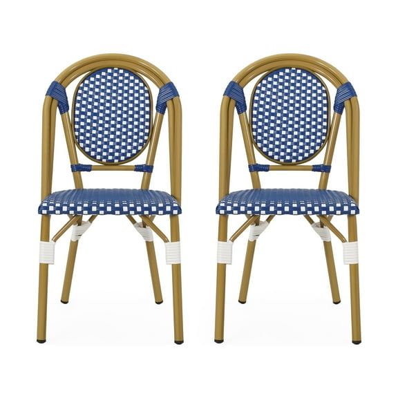 Noble House Remi Aluminum & Faux Rattan Bistro Chairs in Blue/White (Set of 2)