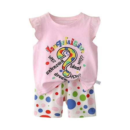 Quealent Toddler Baby Girls Clothes Summer Outfits Ruffle Sleeve T-shirt + Shorts Cute Girl Clothing Set (Multicolour 18-24 Months)