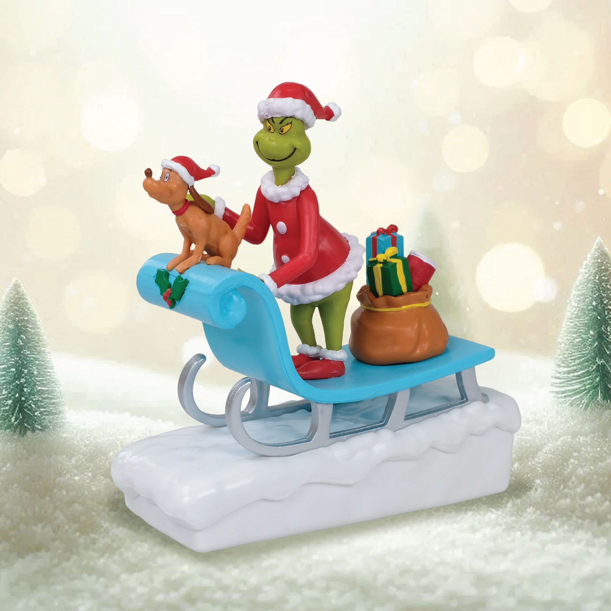 Dr. Seuss The Grinch Santa Sleigh Tabletop Christmas Figurine with Max and Gift Sack