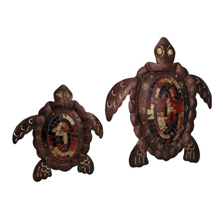 Sea Turtle Two Piece - 2 Piece Mosaic Shell Brown Sea Turtle Sculpture Metal Wall Hanging Set