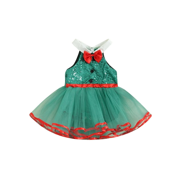 FOCUSNORM Robe de Noël pour Bébé Fille Robe de Fête Sans Manches en Tulle à Sequins Col à Revers Mini Robe