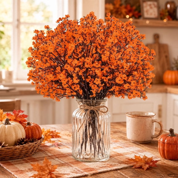 Miracliy 12 Stems Orange Fall Artificial Baby's Breath Flower Stems for Vase Home Thanksgiving Autumn Decor