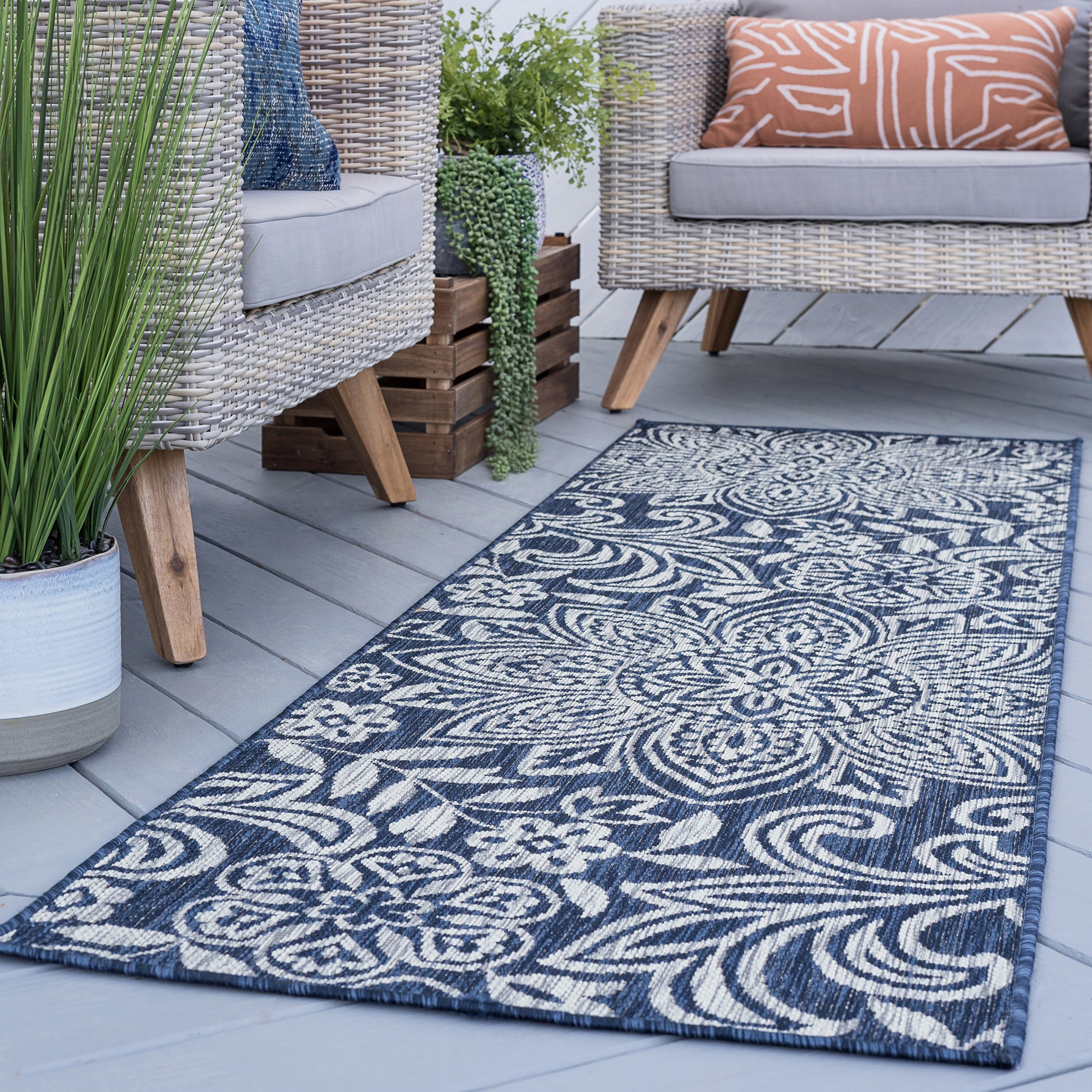 Bliss Rugs Floral Indoor Outdoor Rug Water Resistant Runner Rug for Patio, Hallway, Entryway, Deck, Navy ,2' x 10'