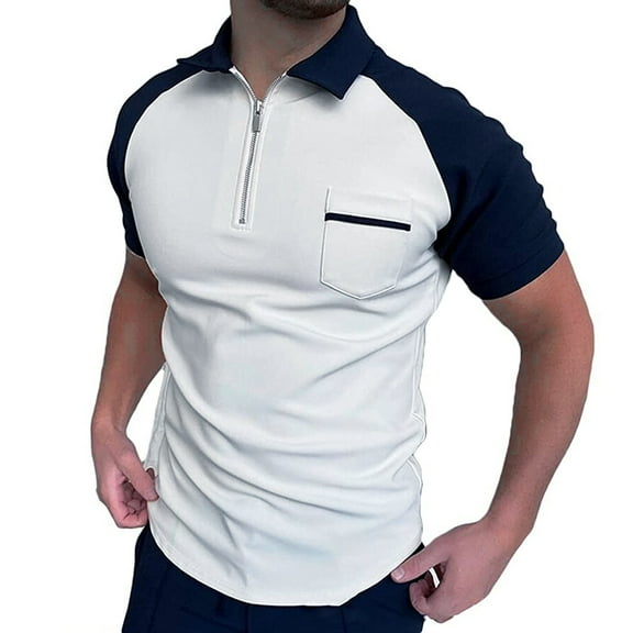 White Dress Shirts For Men Men'S Casual Zipper Turn-Down Collar Blouse Sleeve Splice Pocket Polos Shirt