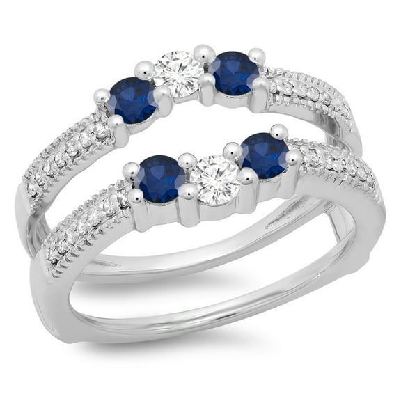 Dazzlingrock Collection 14K Blue Sapphire & White Diamond Wedding Band 3 Stone Enhancer Guard Double Ring, White Gold, Size 4.5