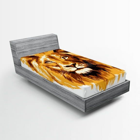 Ambesonne Africa Fitted Sheet, Tropics Savannah Lion Art, Twin Size, Orange and White