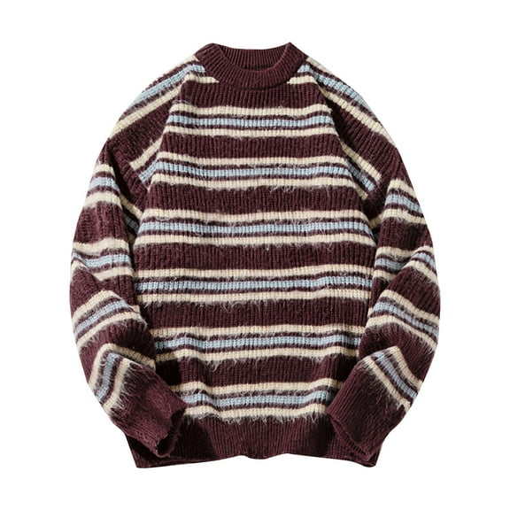 HAiming Mens Vintage Striped Sweaters Trendy Long Sleeve Crewneck Knit Tops Winter Thick Casual Loose Pullover Blouse