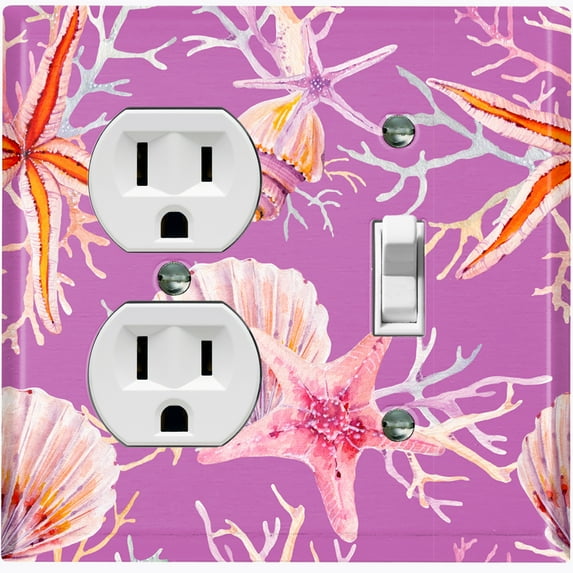 Metal Light Switch Wall Plate Outlet Cover (Ocean Sea Star Fish Shell Coral Clam Hot Pink - Single Duplex Single Toggle)