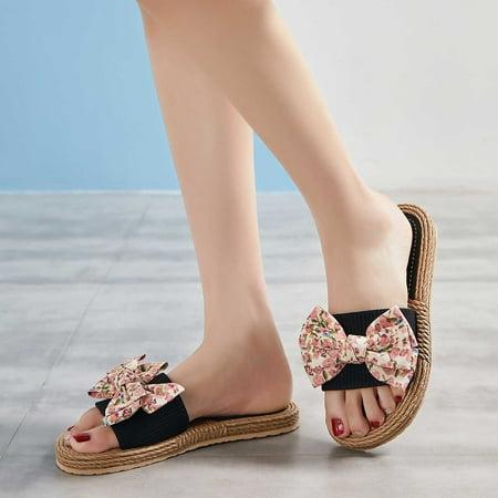 

Leesechin Womens Shoes Sandals Clearance Summer Flip-flops Linen Floral Bow Flat Sandals
