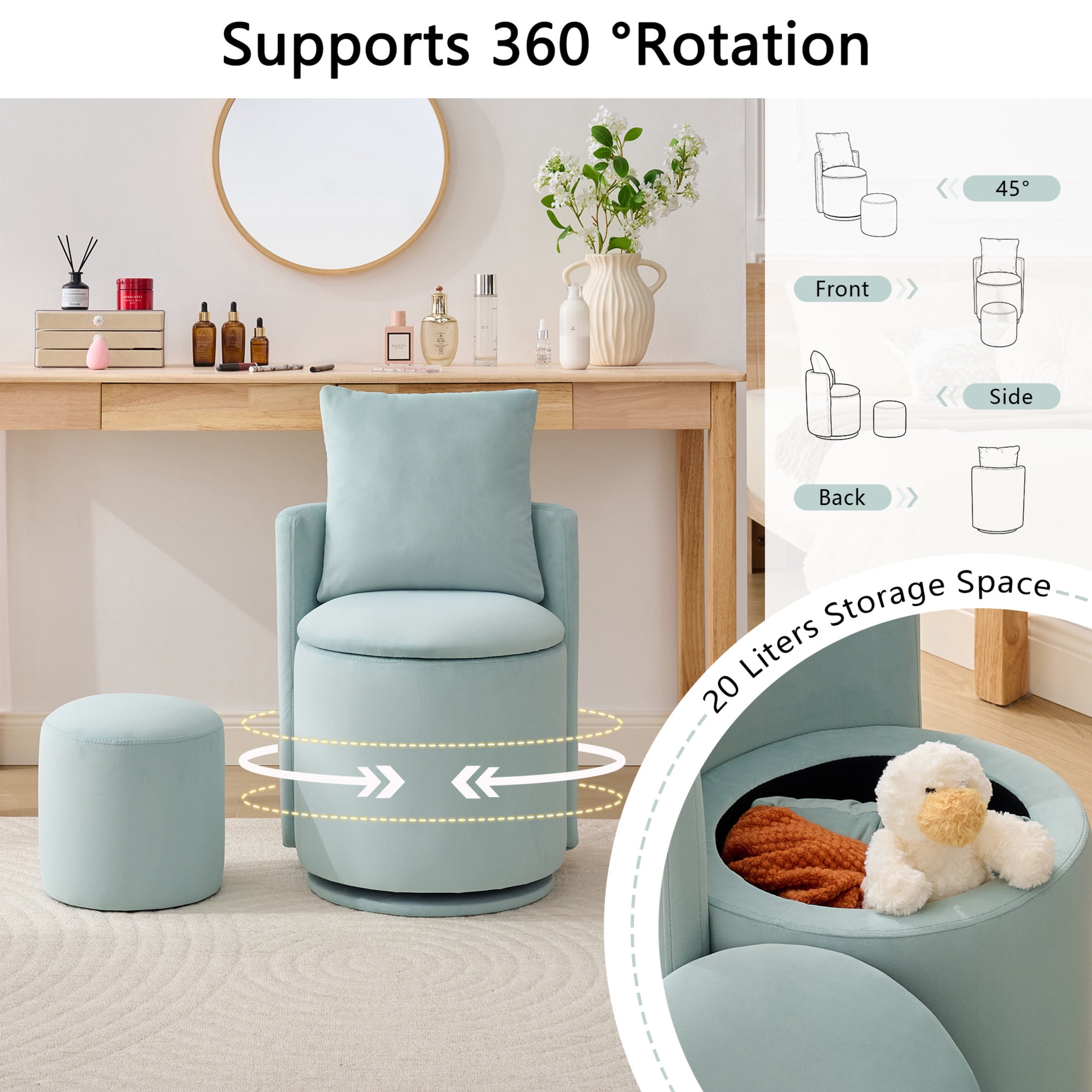 Noble House Velvet Swivel Accent Chair with Ottoman & Toss Pillow, Storage Barrel Chair, Aqua