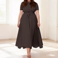 thumbnail image 2 of LWavelet Women's Plus Size Maxi Dress Short Sleeve Round Neck Tie Waist Casual Flowy Dress with Pockets Brown XL, 2 of 7