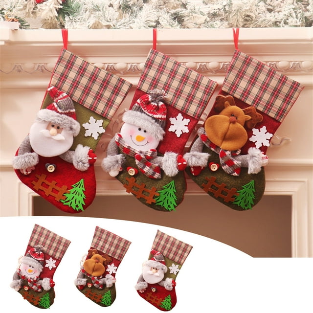 Xihbxyly Calcetín Navideño con Diseño de Papá Noel, Reno y Muñeco de Nieve, Puños de Piel Sintética, Accesorio Decorativo para Fiestas Navideñas, Adornos Acogedores para La Chimenea, Alegría Navideña