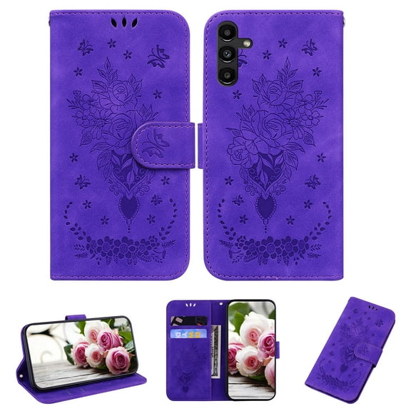 Dteck Wallet Case for Samsung A13 4G, Flower Embossed PU Leather Flip Case with Card Holder Kickstand Protection Cover Wirst Strap Protective Case Samsung Galaxy A13 4G,Purple