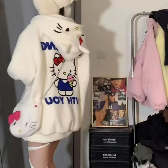 Sanrio Women Hoodies Hello Kitty Sweatshirt Girl Sherpa Coat Kawaii Y2K Clothes Korean Autumn Winter Plus Velvet Festival Gift Warm GQ