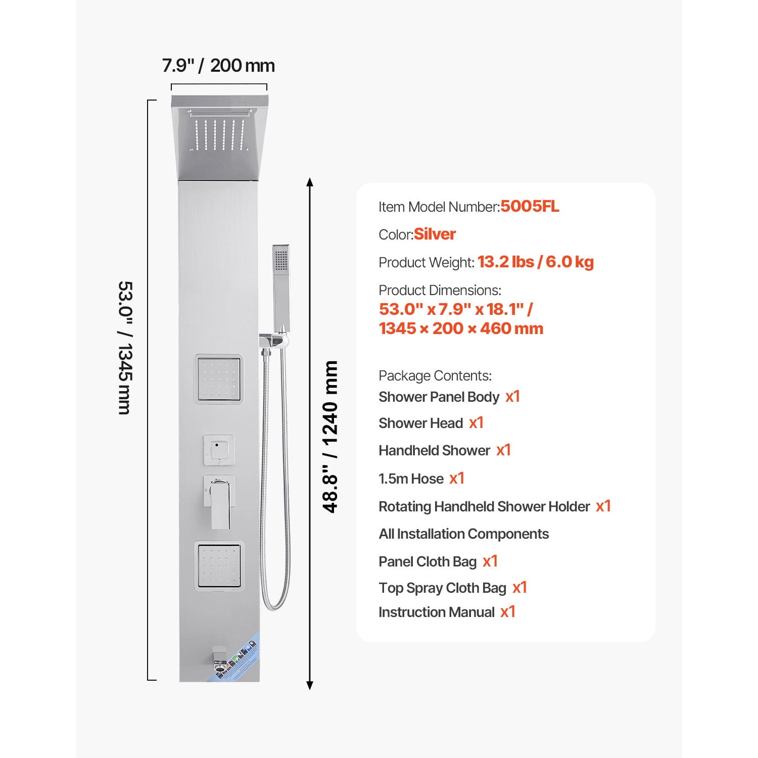 VEVOR Shower Panel Tower System with Rainfall Waterfall Shower Head, 53 in Brushed Stainless Steel Shower Column, 5-Function Faucet, Wall-Mount Rain Massage System with 2 Body Jet,Handheld,Tub Spout
