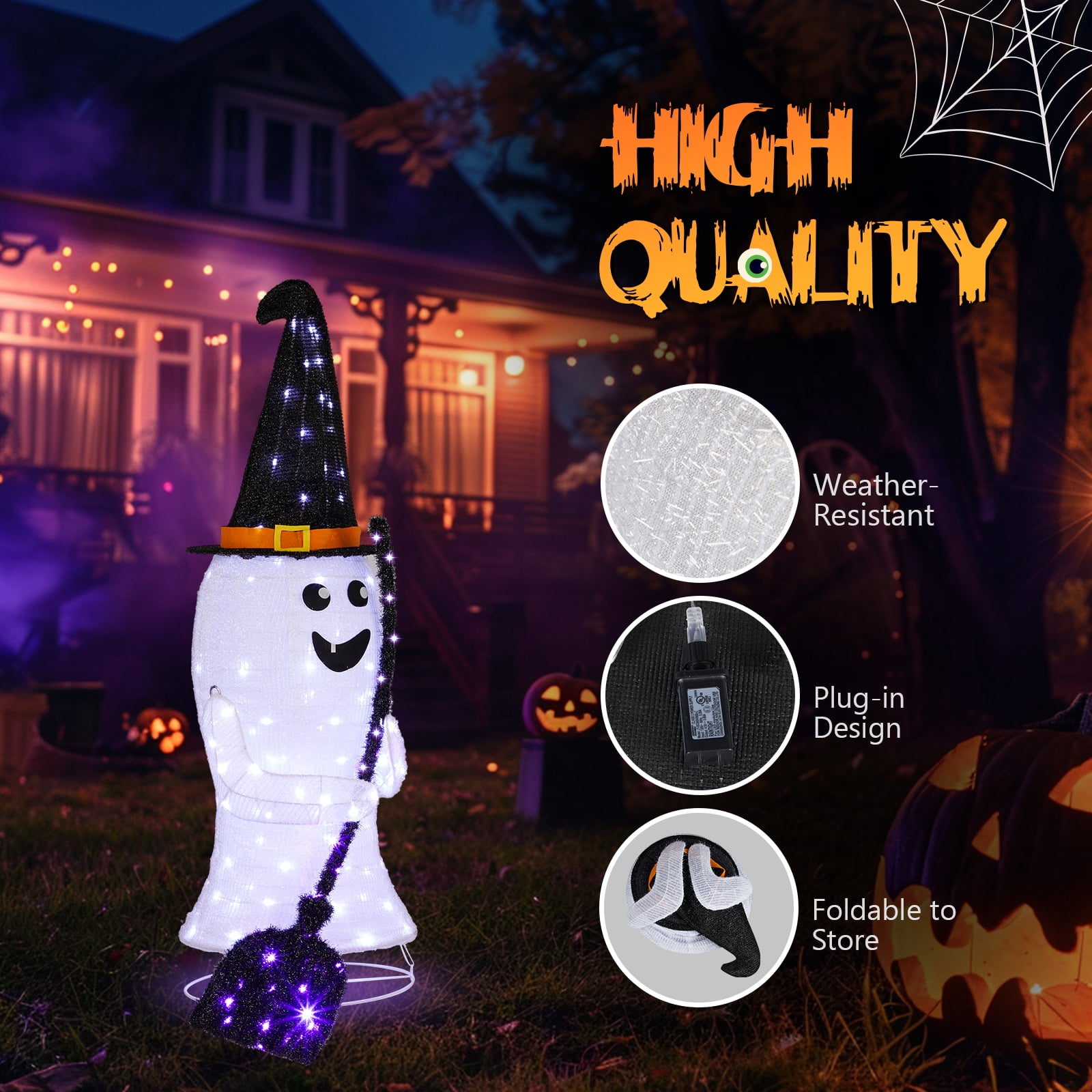 4ft Lighted Pop-Up Ghost with 100 LED Lights for Halloween Outdoor Lawn Decor