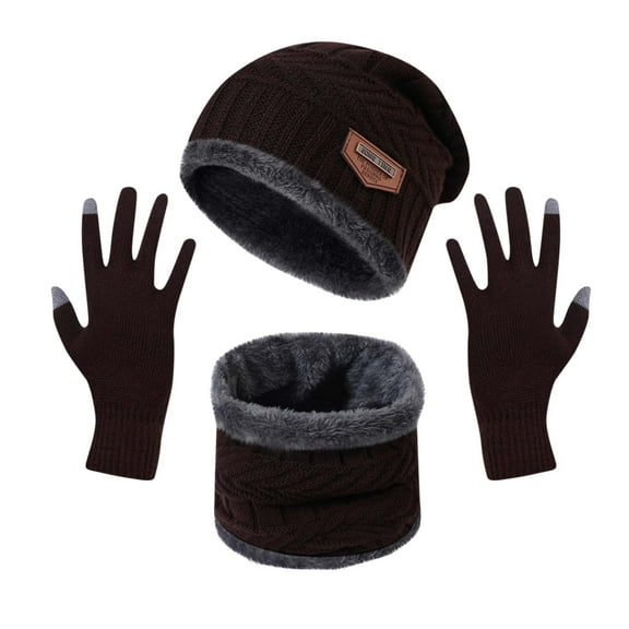 ZQUUVOU Men's Beanie Hat Scarf Gloves Set Winter Warm Plus Velvet Thick Hat Scarf Neck Solid Color Screen Gloves Gift Set Coffee