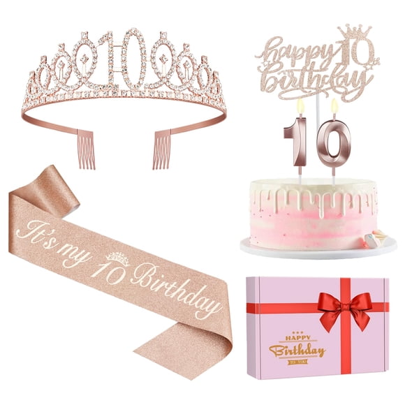 Decoraciones de décimo cumpleaños para niñas Faja de décimo cumpleaños Corona/Tiara Velas Adornos para pasteles. Regalos de décimo cumpleaños para niñas 10 Decoraciones de cumpleaños para niñas 10 Dec