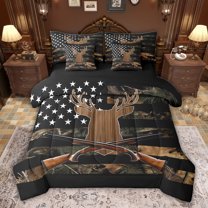 jejeloiu Wild Military Camo 7-Piece Bedding Comforter Set,Jungle Deer Hunting King Bedding Sets For Kids Reversible