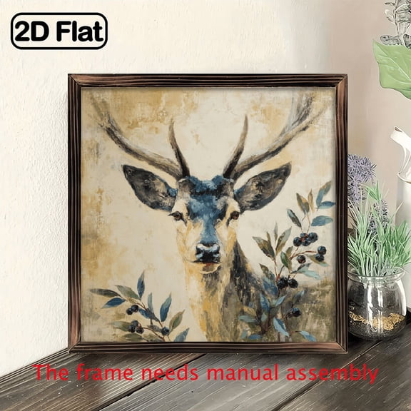2D Flat, 1pc Rustic Deer Head Wall Art - Vintage Wooden Framed 8x8 Inch Wood Wall Decor with Antlers Greenery, Farmhouse Style Home Decor for Living Room, Bedroom, Christmas Gift