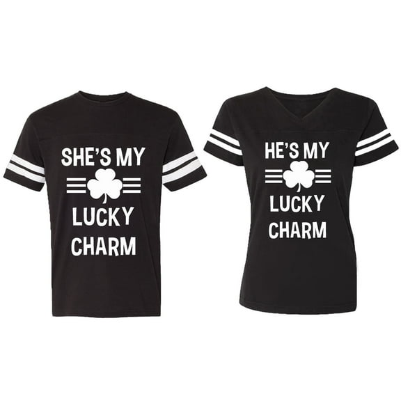 He She is My Lucky Charm Matching Couple Cotton Jerseys (Men Black / Women Black) (Men S / Women S)