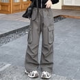 thumbnail image 7 of Kids Girl Pants Girls Solid Straight Leg Cargo Pants Drawstring Elastic Waist Fashion Childrens Bottoms Streetwear for Kids Grey 13 Years-14 Years, 7 of 7