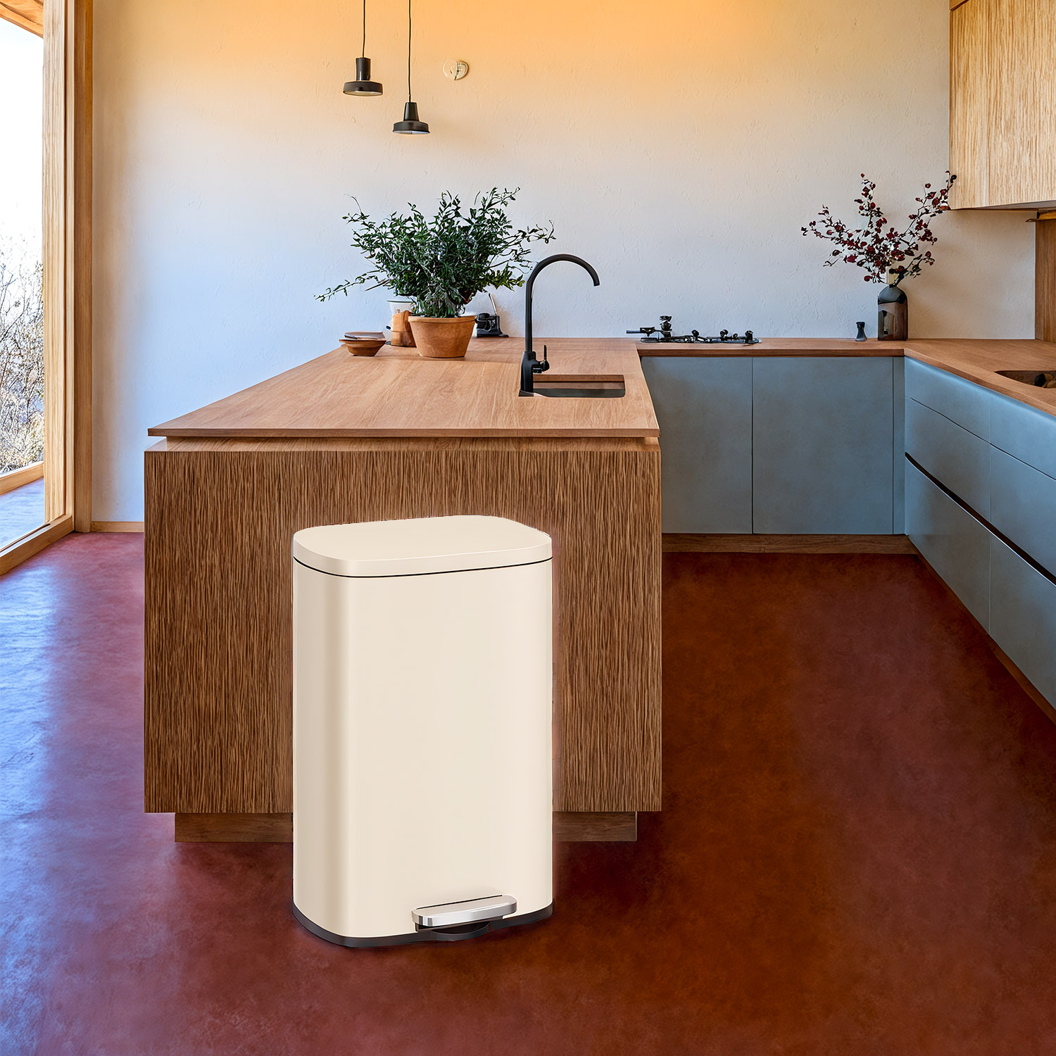 LEDREM Stainless Steel 13 Gallon Step Trash Can , Soft-Close Lid with Odor Seal & Inner Bucket , Kitchen Recycling Bin ,Sand Beige