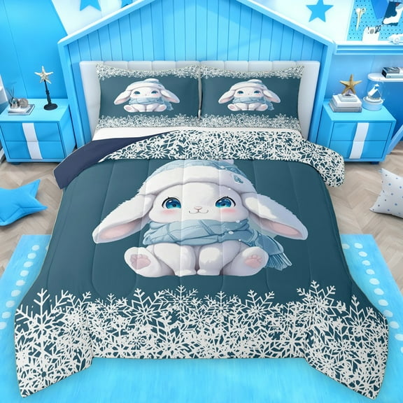 Manfei Kawaii Blue Rabbit Bedding Comforter Set for Girl, Winter Christmas Snowflake Twin Comforter Sets, Cute Bunnies Animal Reversible Bedding Set, Ultra Soft Bedroom Decor, 2 Pieces