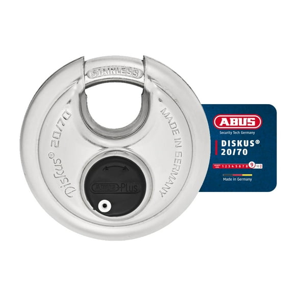 Candado de disco de acero inoxidable de alta resistencia Abus Diskus 20/70 - Candado de almacenamiento inoxidable con grillete de 3/8" - Fabricado en Alemania - Llave diferente