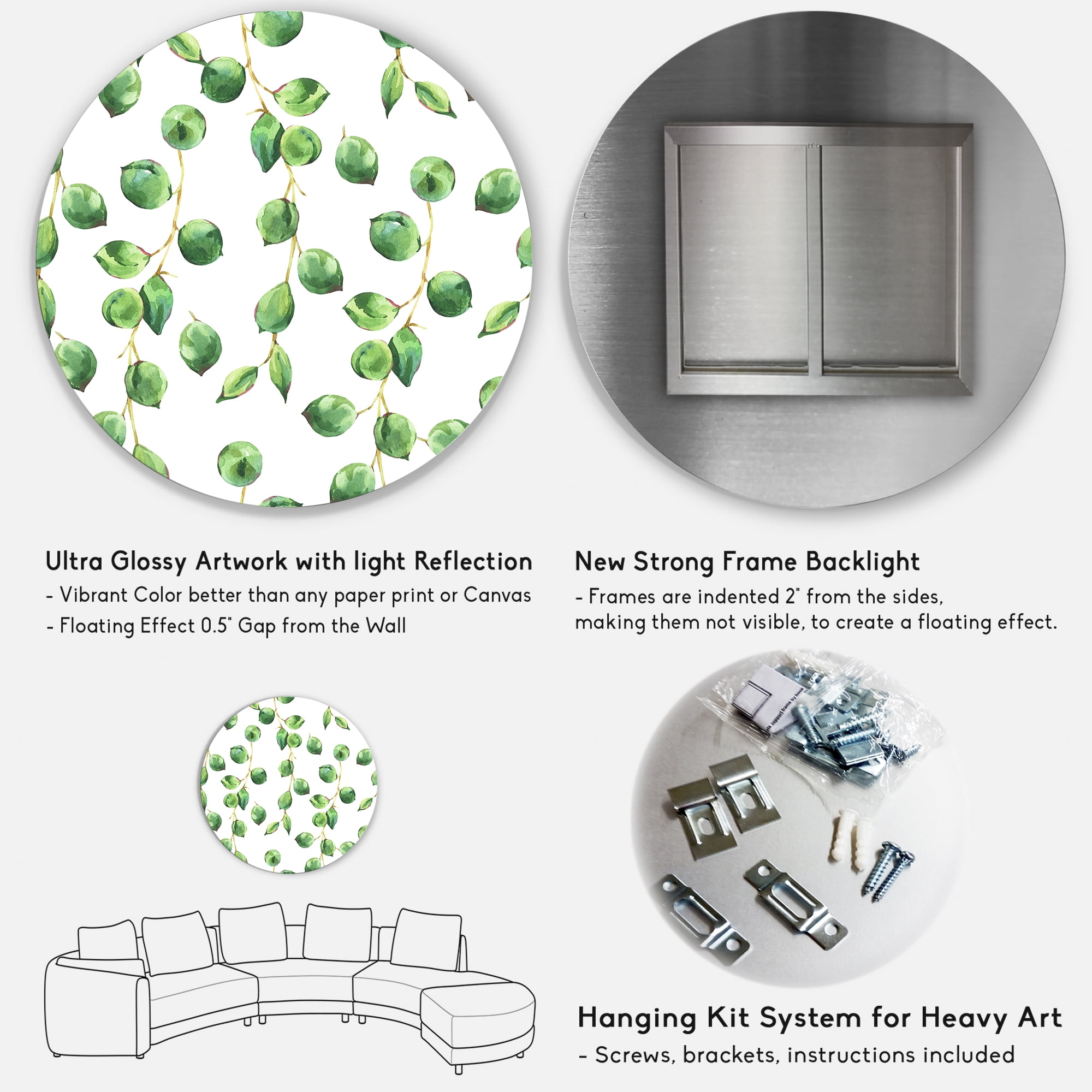 Designart 'Tropical Green Leaves Patern On White' Tropical Circle Metal Wall Art 23x23 - Disc of 23