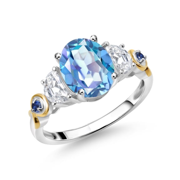 Gem Stone King 925 Silver and 10K Yellow Gold 3-Stone Ring Oval Millennium Blue Mystic Quartz and Moissanite (2.30 Cttw, Size 5)