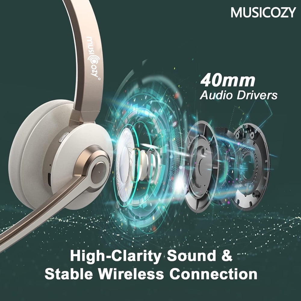 MUSICOZY Bluetooth Headset with Microphone, Wireless Headphones with Noise Cancelling Mic, 26hrs talktime, On Ear Headphones with Mic Mute for Mac/Laptop/Zoom/Teams/Call Center/Office/Home Gold