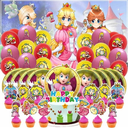 Princess Peach Party Supplies Decor Decorations Birthday Plates for Kids Tableware Balloons Cake Topper Fans