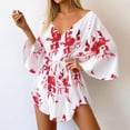 thumbnail image 2 of DHFJKG Summer Swimwear Cover-Ups Women Floral Printed Beach Vacation Clothes Batwing Long Sleeve V Neck Tie Waist Versatile Beachwear, 2 of 5