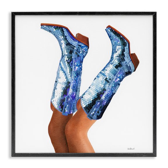 Stupell Industries Blue Glam Cowgirl Boots People Painting Black Framed Art Print Wall Art, 12 x 12