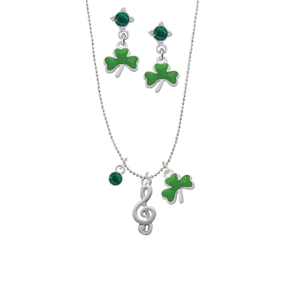 Delight Jewelry Silvertone Clef Green Shamrock Necklace and Clover Earrings Jewelry Set